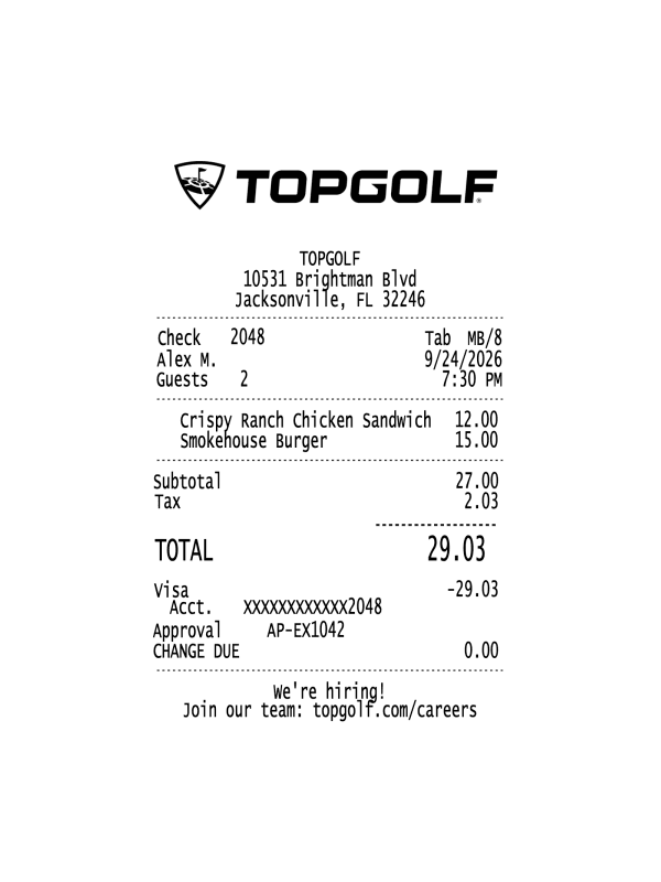 Topgolf Receipt editable example