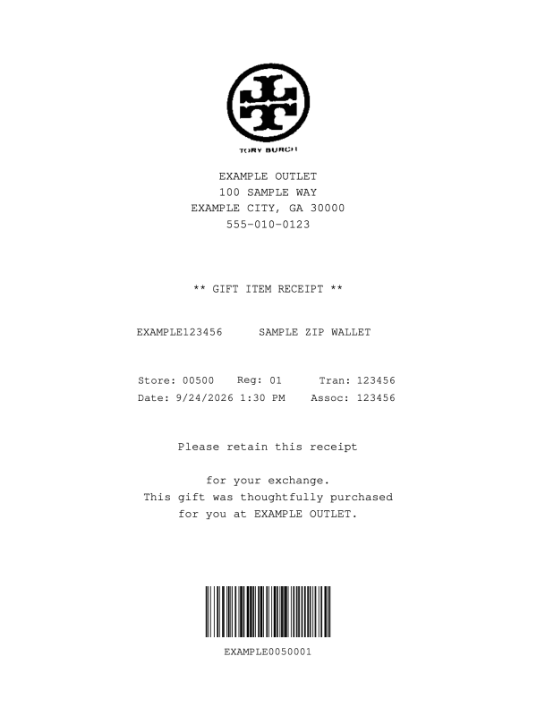 Tory Burch Gift Receipt editable example