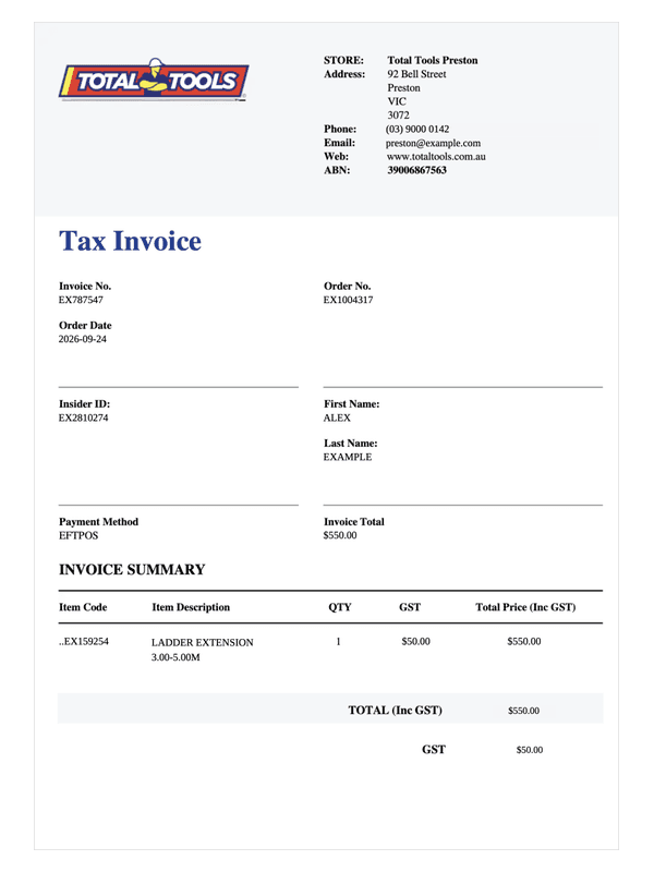 Total Tools Receipt editable example