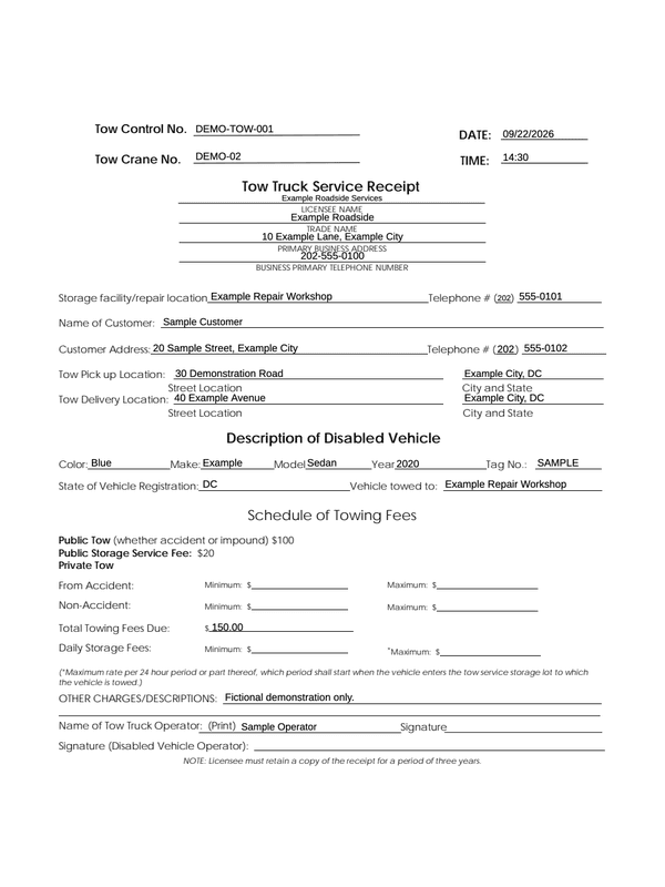 Towing and Roadside Receipt editable example