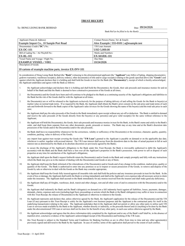 Trade Finance Trust Receipt editable example