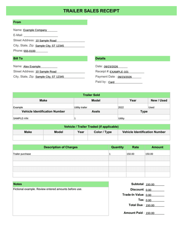 Trailer Sale Receipt editable example