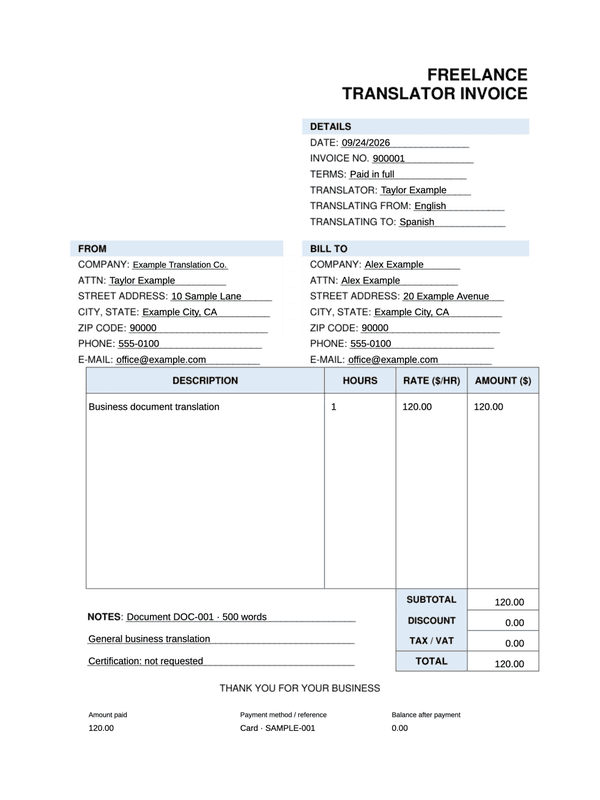 Translation Receipt editable example