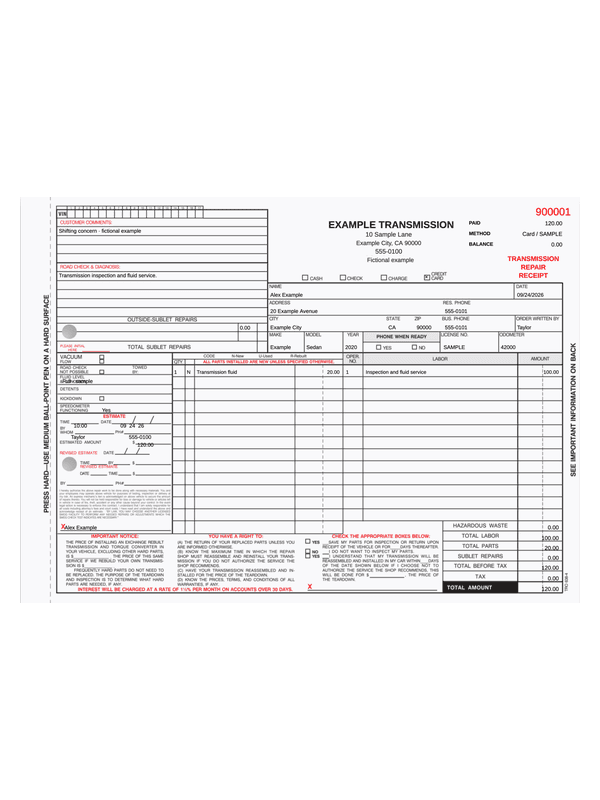 Transmission Repair Receipt editable example