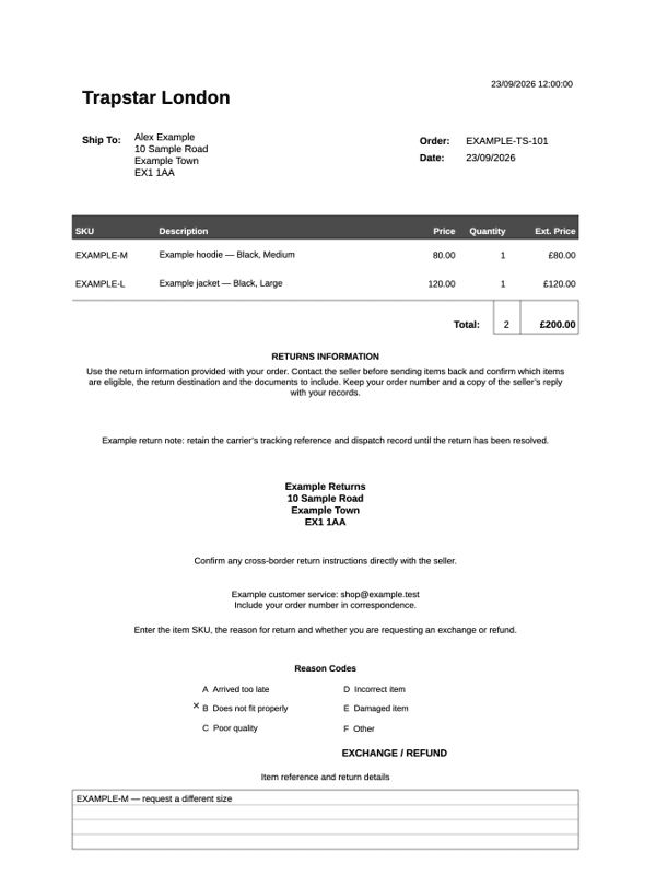 Trapstar Receipt editable example