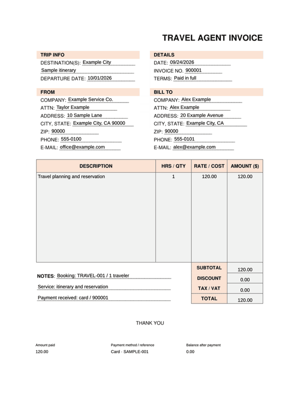 Travel Agency Service Receipt editable example
