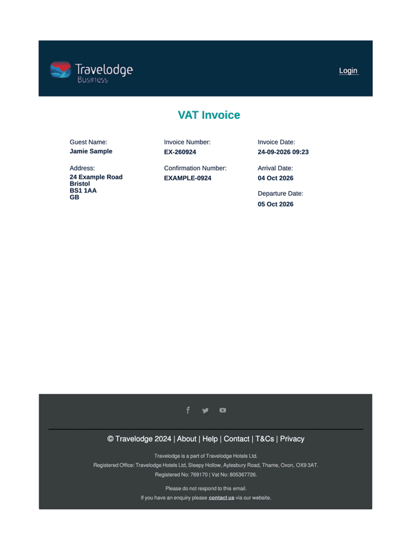 Travelodge Receipt editable example
