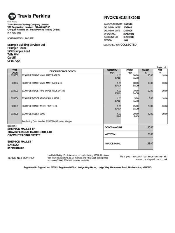 Travis Perkins Trade Invoice editable example