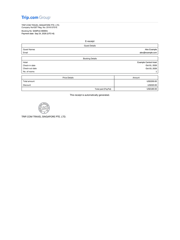 Trip.com Receipt editable example