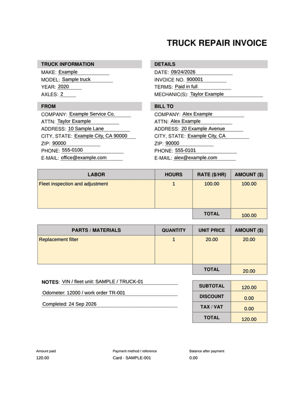 Truck Repair Receipt editable example
