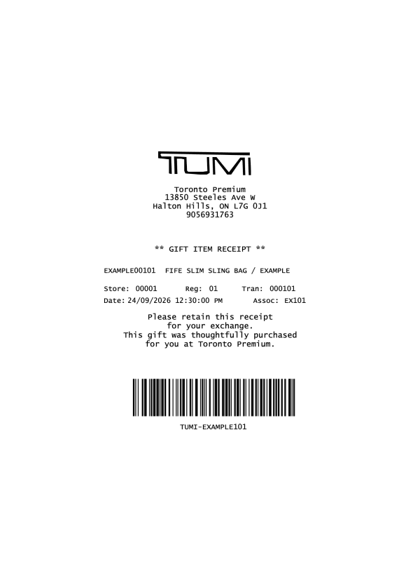 TUMI Gift Receipt editable example