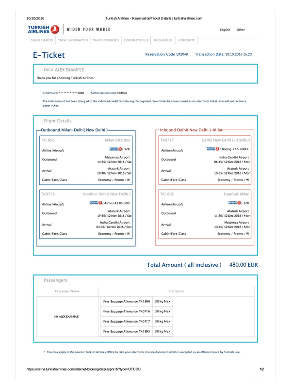 Turkish Airlines Receipt editable example