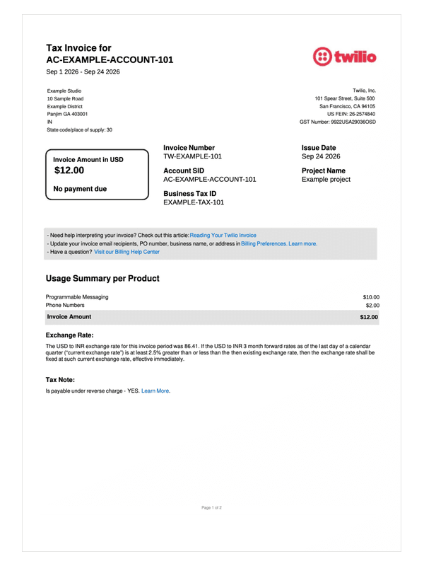 Twilio Usage Tax Invoice editable example