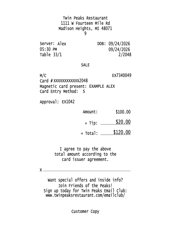 Twin Peaks Receipt editable example