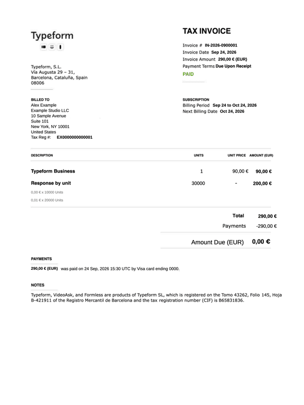 Typeform Tax Invoice editable example