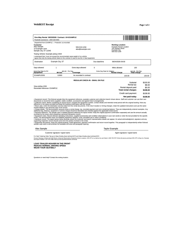 U-Haul Rental Receipt editable example