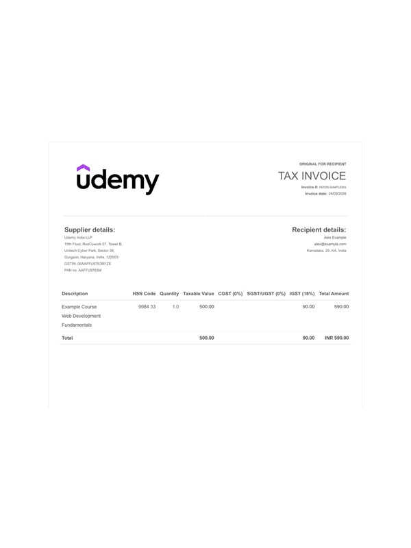 Udemy Course Invoice editable example