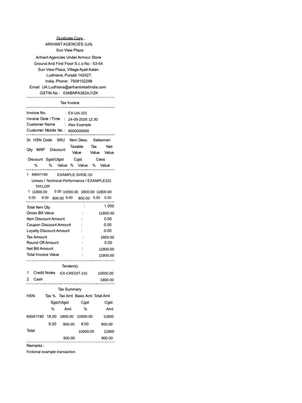 Under Armour Tax Invoice editable example