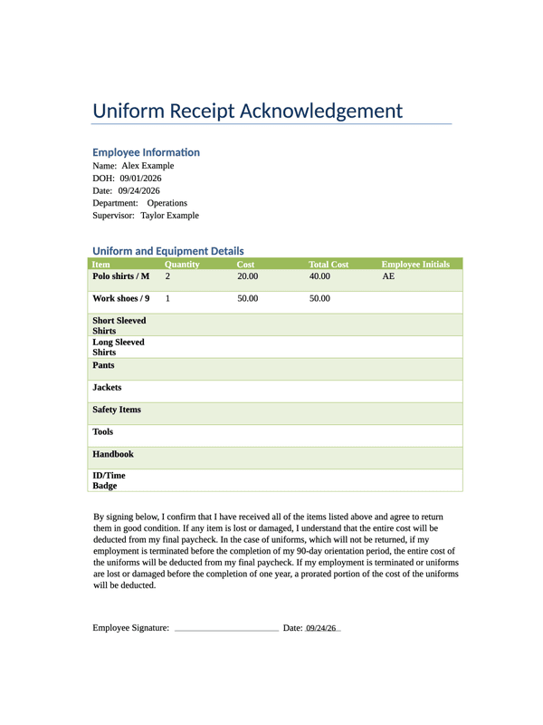 Uniform Issue Acknowledgment editable example