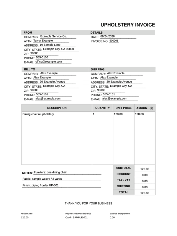 Upholstery Receipt editable example