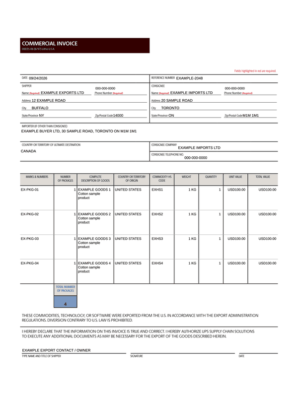 UPS Commercial Invoice editable example