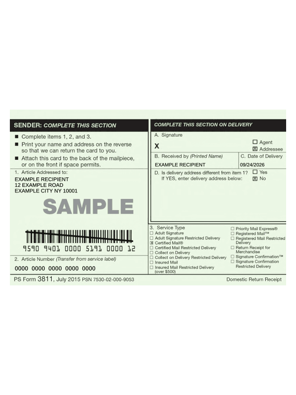 USPS Domestic Return Receipt editable example