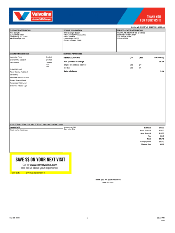 Valvoline Oil Change Receipt editable example