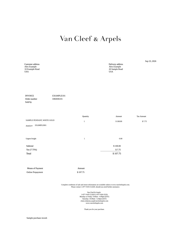 Van Cleef & Arpels Receipt editable example