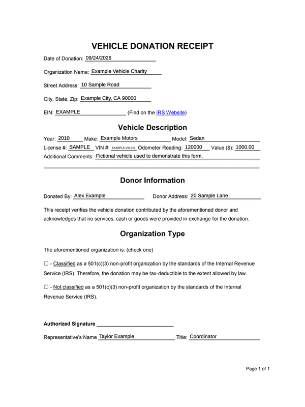 Vehicle Donation Receipt editable example