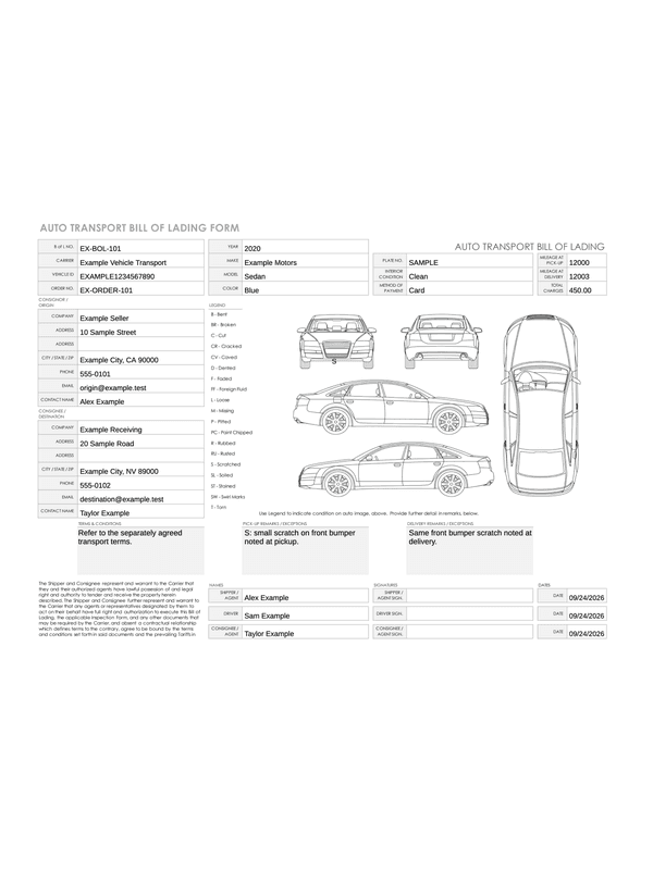 Vehicle Transport Condition Receipt editable example