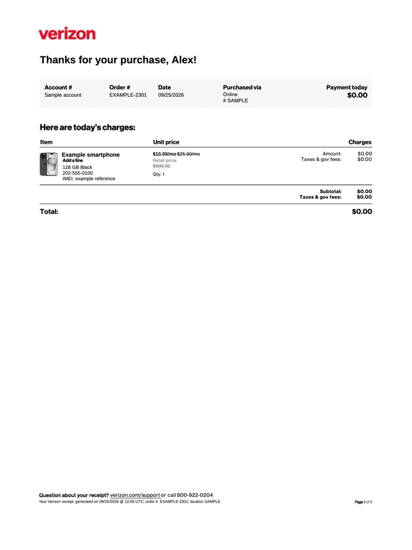 Verizon Purchase Receipt editable example
