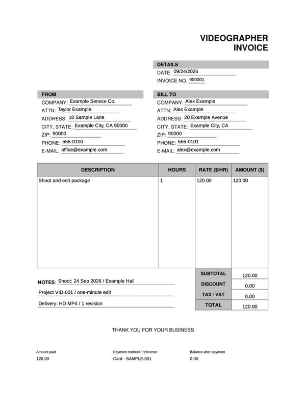 Videography Receipt editable example