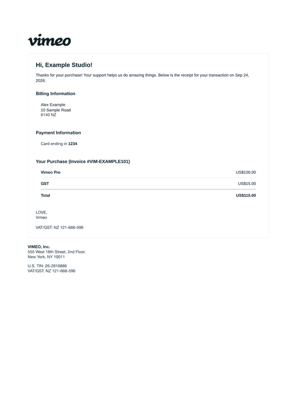 Vimeo Pro Purchase Receipt editable example