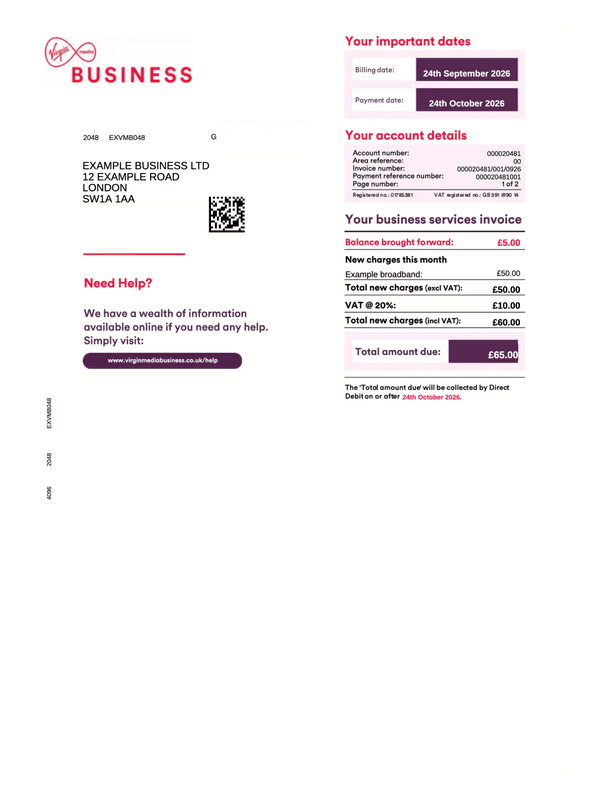 Virgin Media Business Invoice editable example