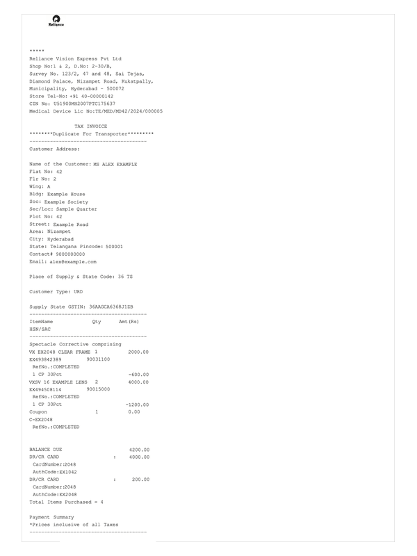 Vision Express Receipt editable example