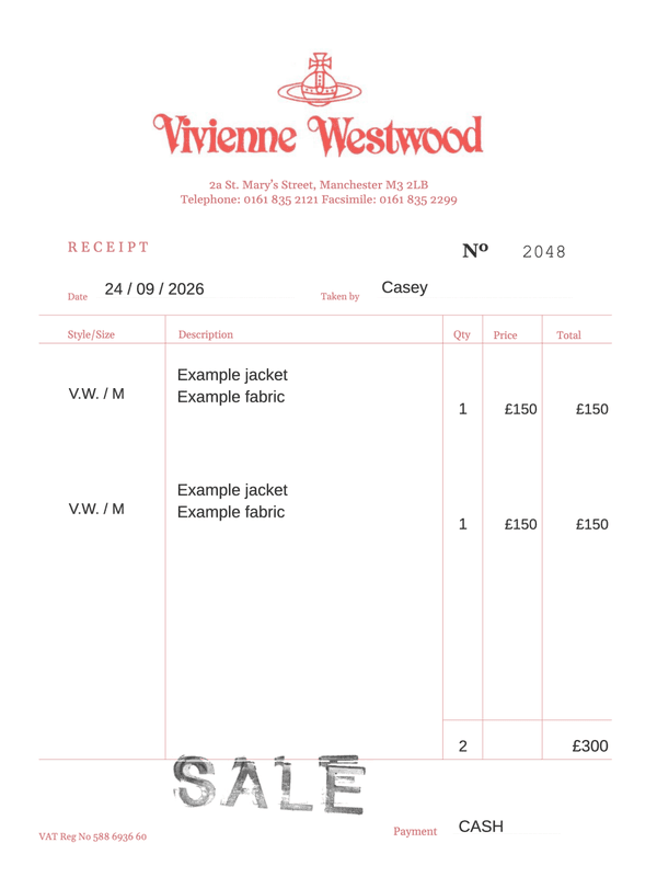Vivienne Westwood Manchester Receipt editable example