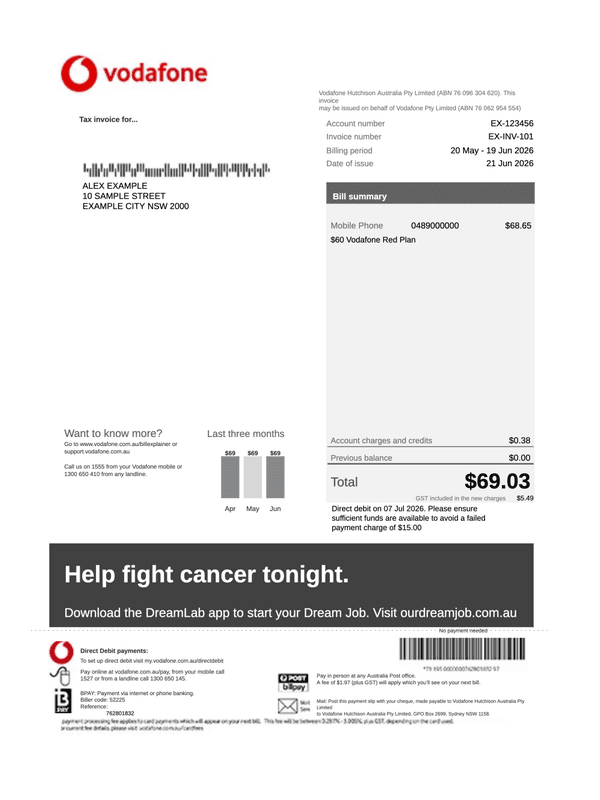 Vodafone Bill and Tax Invoice editable example