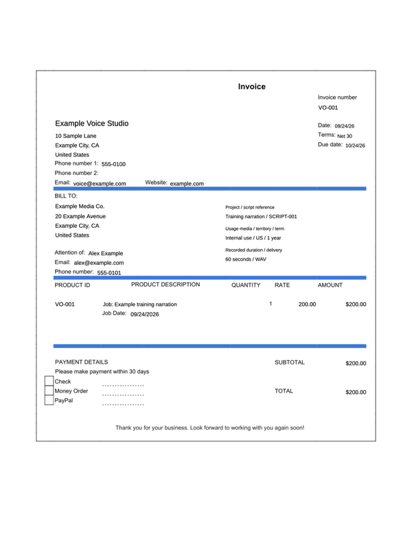 Voice-over Invoice editable example