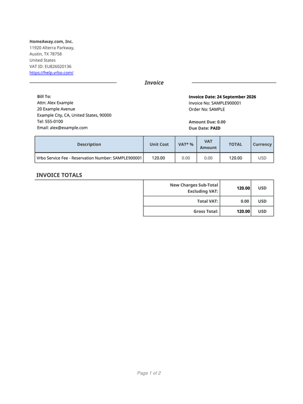 Vrbo Paid Service-Fee Invoice editable example