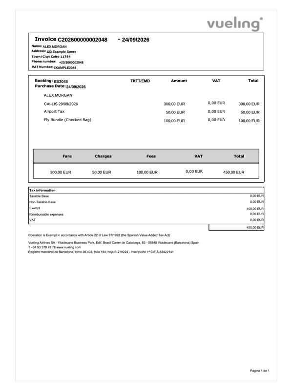 Vueling Flight Invoice editable example