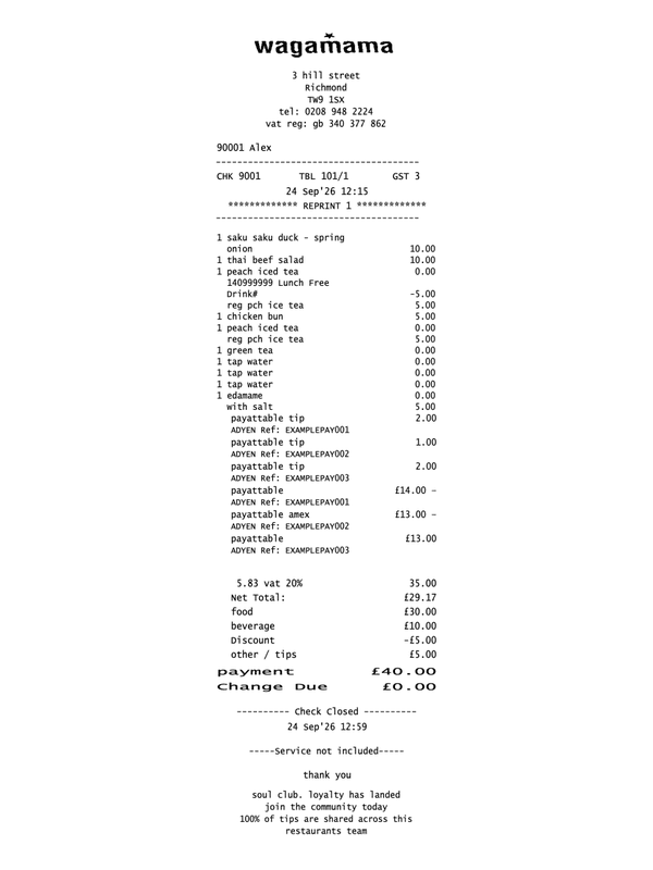 Wagamama Closed Check Receipt editable example