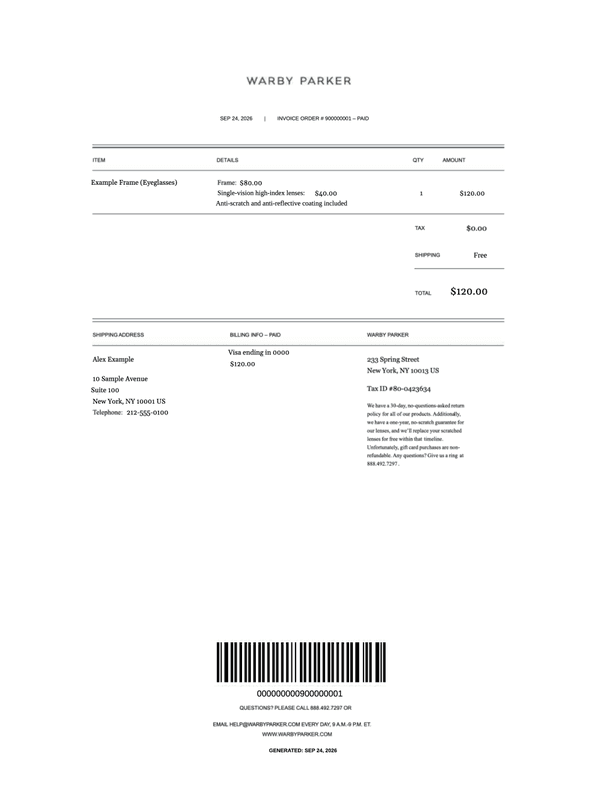 Warby Parker Paid Eyewear Invoice editable example