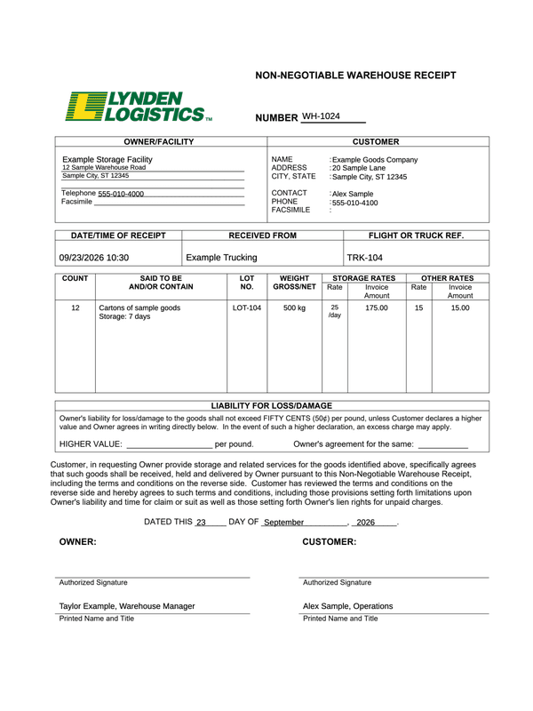 Warehouse Receipt editable example