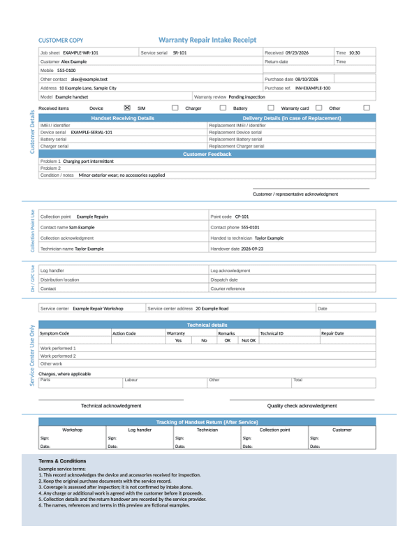 Warranty Repair Intake Receipt editable example
