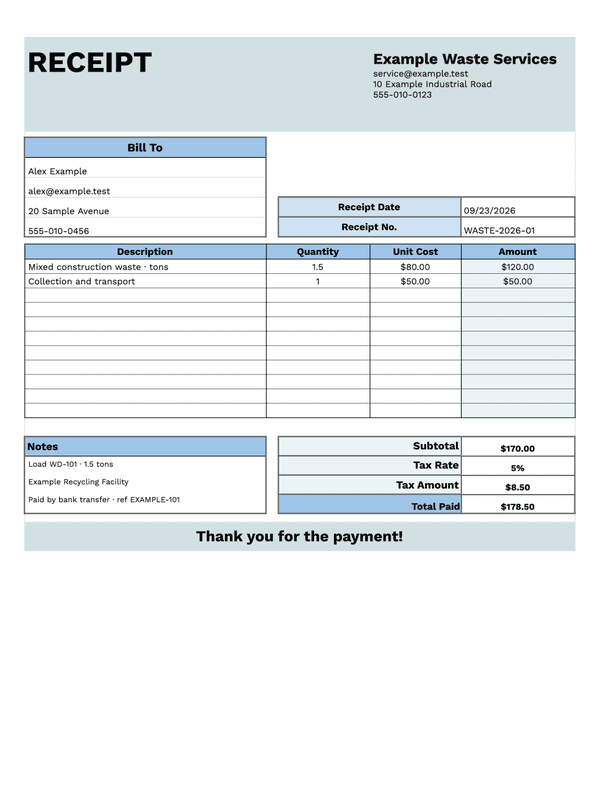 Waste Disposal Receipt editable example