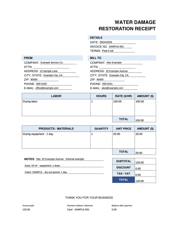 Water Damage Restoration Receipt editable example