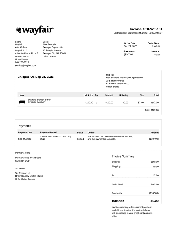 Wayfair Receipt and Invoice editable example