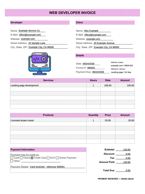 Web Development Receipt editable example