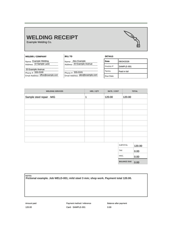 Welding and Fabrication Receipt editable example