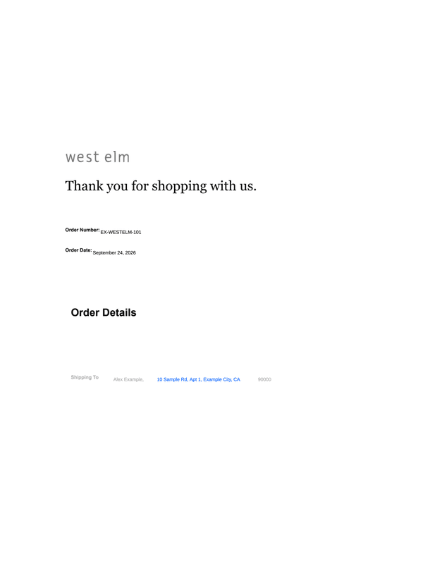 West Elm Order Confirmation editable example